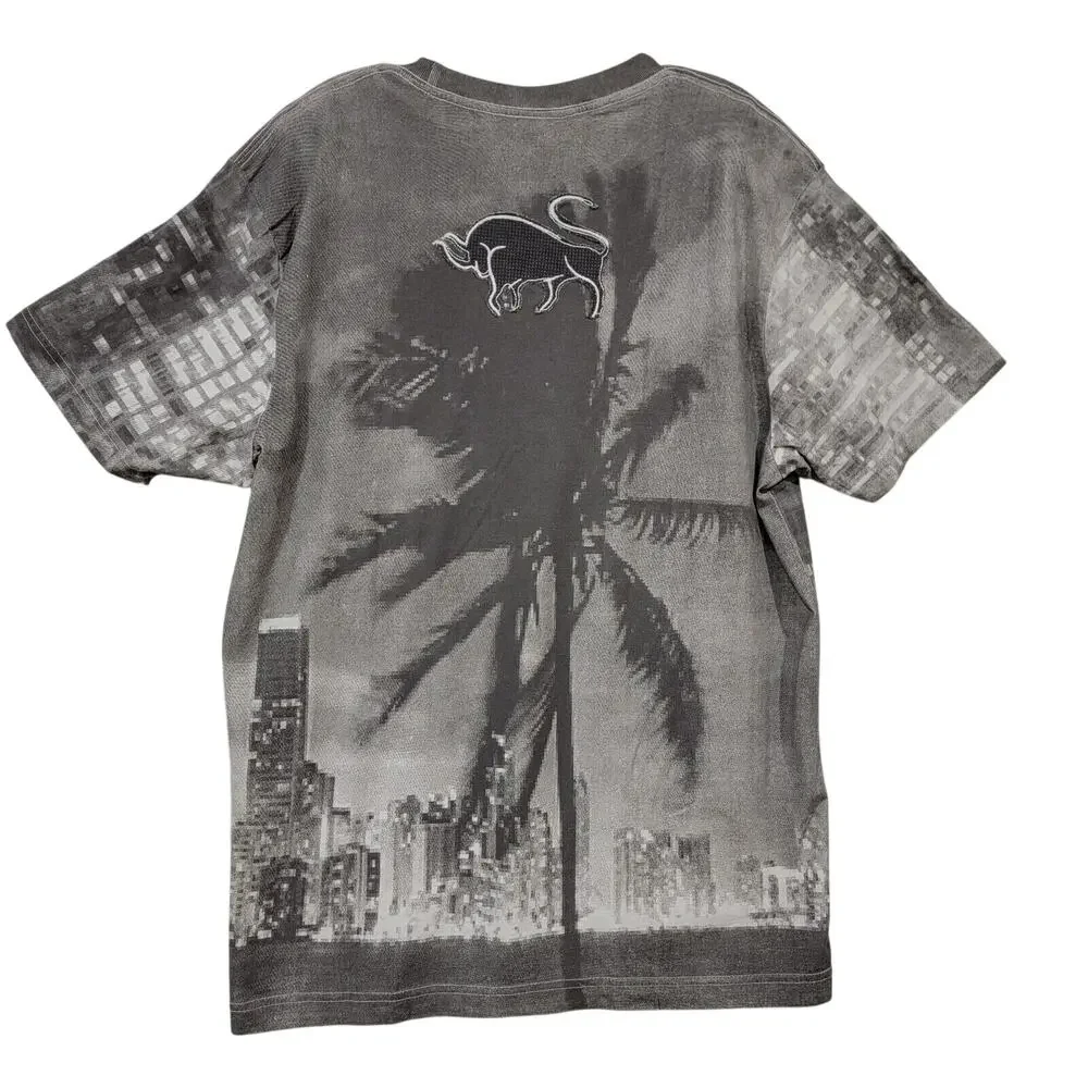 Mens Large Miami All Over Big City Lights Palms Print Pullover Tshirt Y2K Grunge